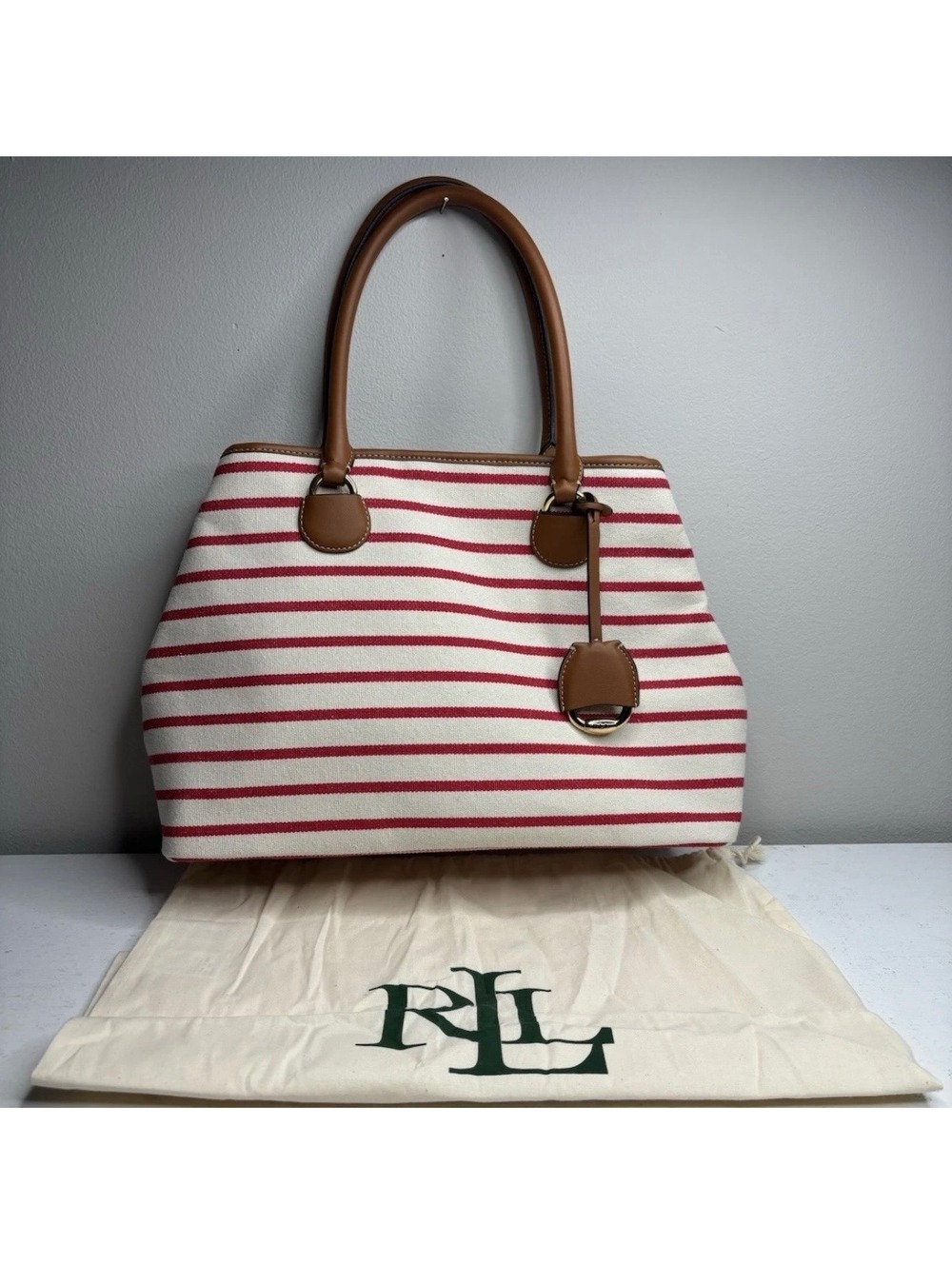 Ralph Lauren Red & Cream Canvas Tote with Faux Leather Straps